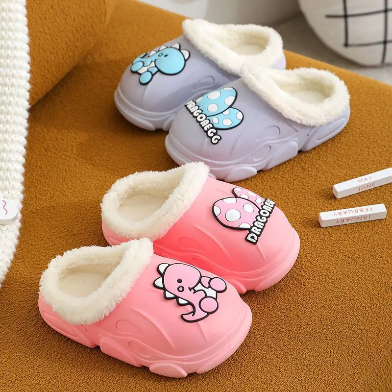 Custom Kids Cartoon Animal Dinosaur Plush Slippers Waterproof Anti Slip Winter Home Cotton Warm Slippers For Children
