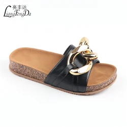 Wholesale OEM ODM Gold Chain Cork Sole Flat Sandal for Women Slides Custom Logo Ladies Slippers Shopify Amazon Customization