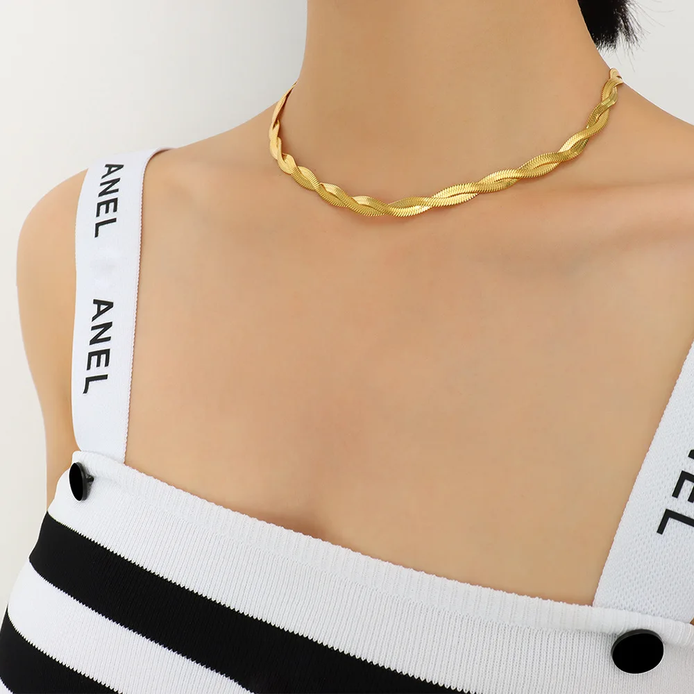 18K  Gold Double Chain Snake Chain Wrap Necklace Bracelet Set Blade Braided Chain Jewelry Set