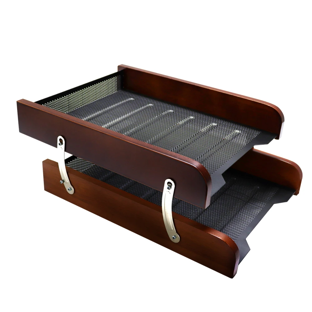 Customize Metal Mesh office File Tray Paper Storage holder Wooden Double Layer a4 Letter metal tray wholesale
