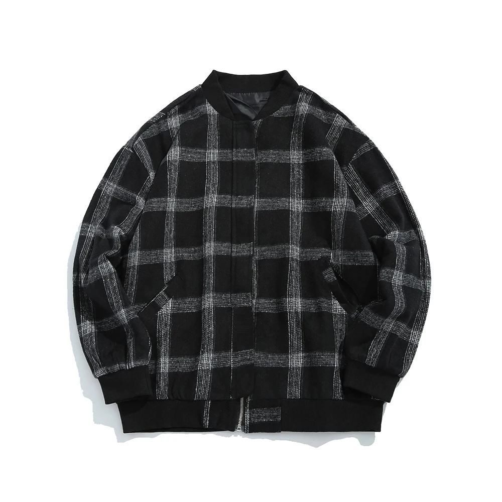 fashion winter black and white tartan bomber jacket, plaid wool blend bomber jacket for men
