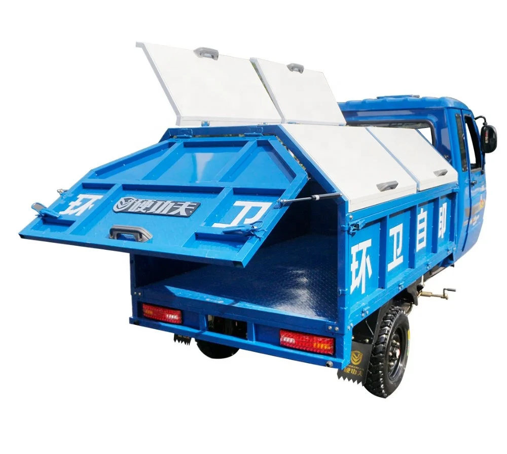 motorized gas powered three wheel sanitation tricycle with dump with closed cabin