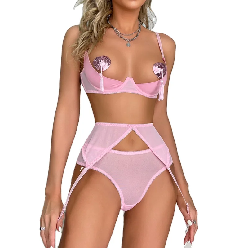 Channel White Pink Women Hot Sexy Nipple Showing Sheer Mesh 3 Piece Open Cup Bra And Crotchless Panty Set Sexy Underwear
