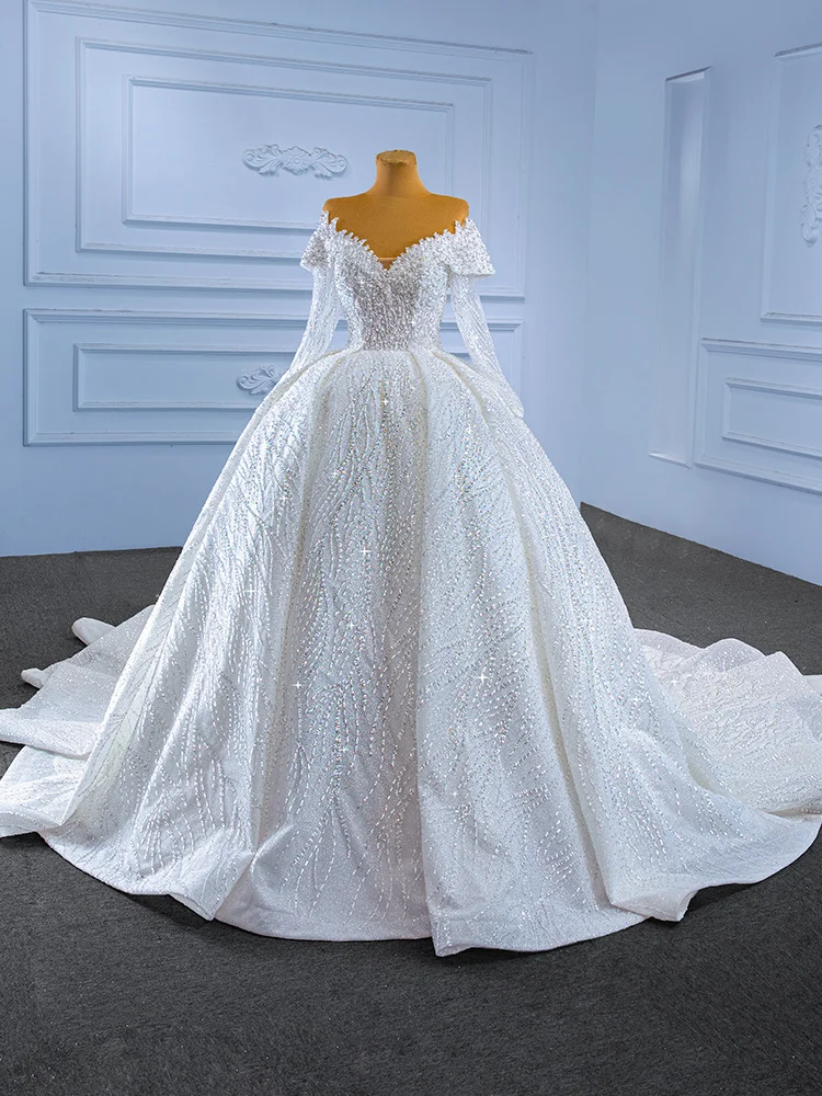 QUEENSGOWN  long tail sweetheart ball gown bride weddingdress off shoulder long sleeve ivory empire slim party dress