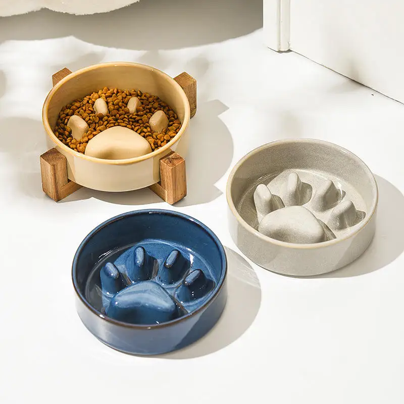 Qbellpet Pet supplies Wholesale pet dog bowl ceramic pet slow feeder with wooden frame drinker for cats accessories water feeder