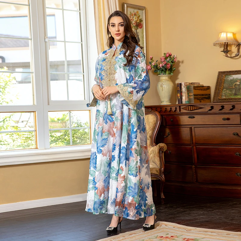2024 Latest Fashion Modest Kaftan Robe Dress Embroidery Arab Dubai Printed Jalabiya Caftan Dress Muslim Women Kaftan