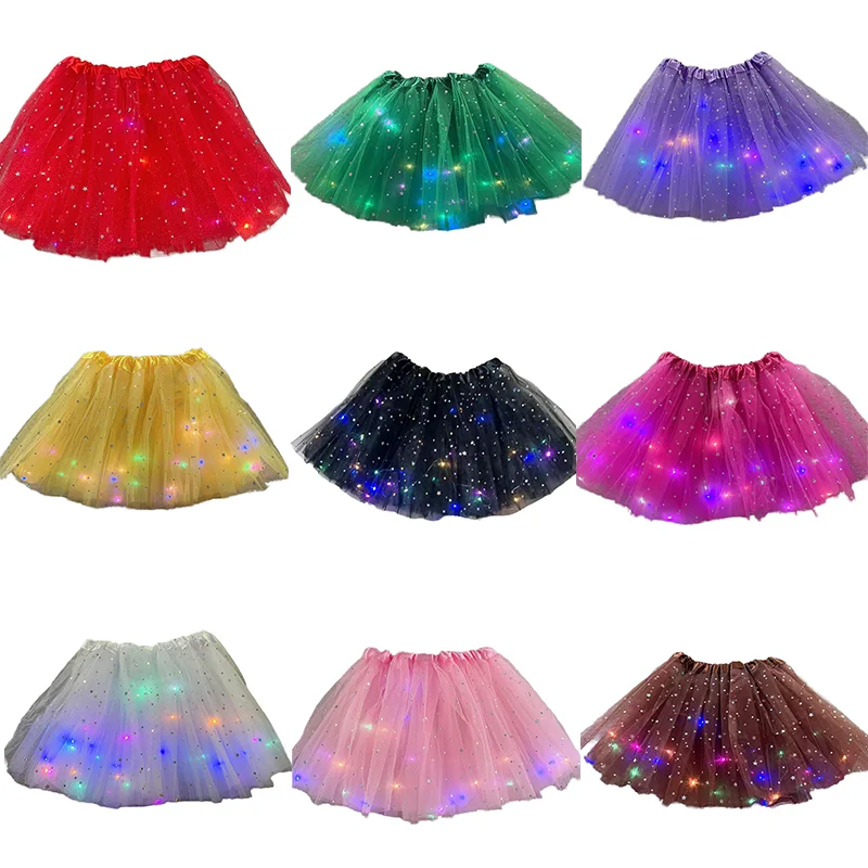 LED Lights Glowing 3-Layer Sequin Children Ballet Tutu Princess Skirt Party Mesh Puffy Short Dress 3-8 Year Baby Girl Dance Wear