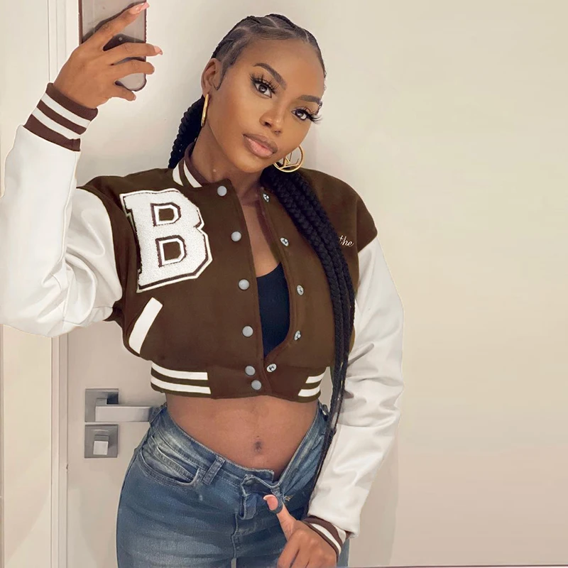 Women Crop Short Coats Autumn Winter Fashion Streetwear Oversize Crop Tops Leather Patchwork Baseball Women Coats Jactets