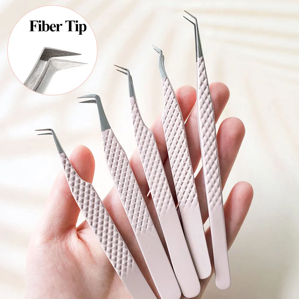 Pink Fiber Tip Tweezers Stainless Steel Volume Diy Cluster Lash Extension Tweezers Eyelash Tweezer Set With Fiber Grip