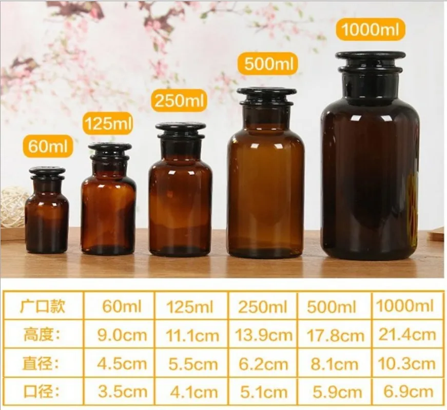 
60ml 125ml 250ml 500ml 1000ml Brown Wide-Mouth Brown Transparent Reagent Bottle Laboratory 
