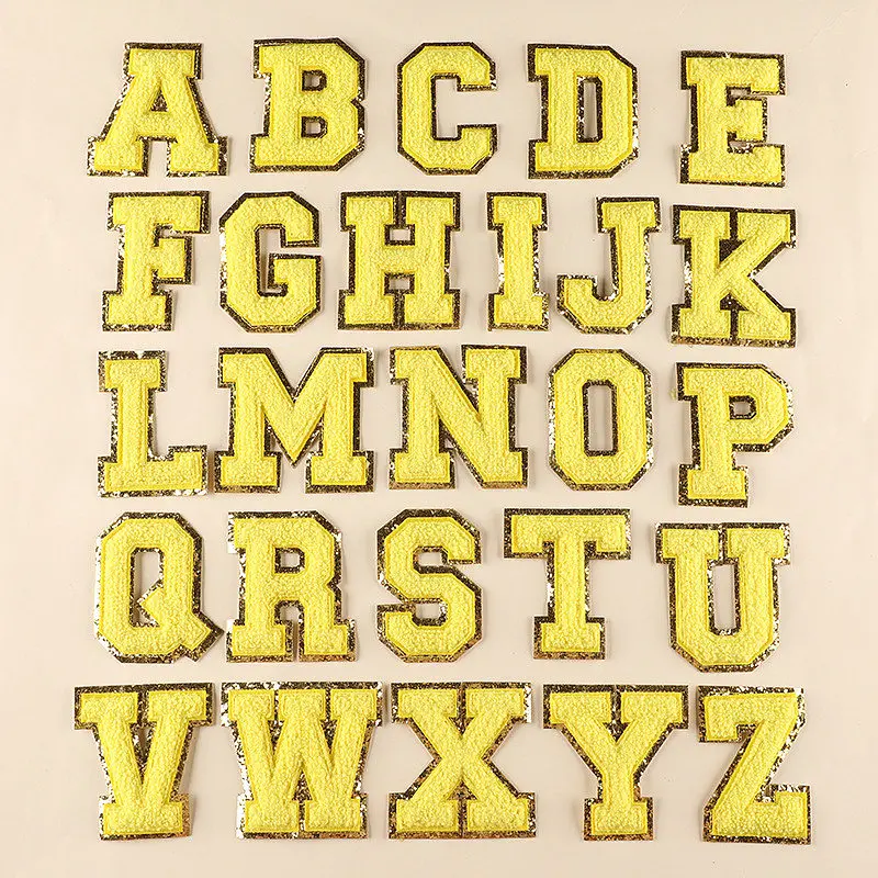 Neon Pink with Gold Border English Letter A-Z Iron On Adhesive Repair Alphabet Sewing Appliques Clothing Chenille Patch