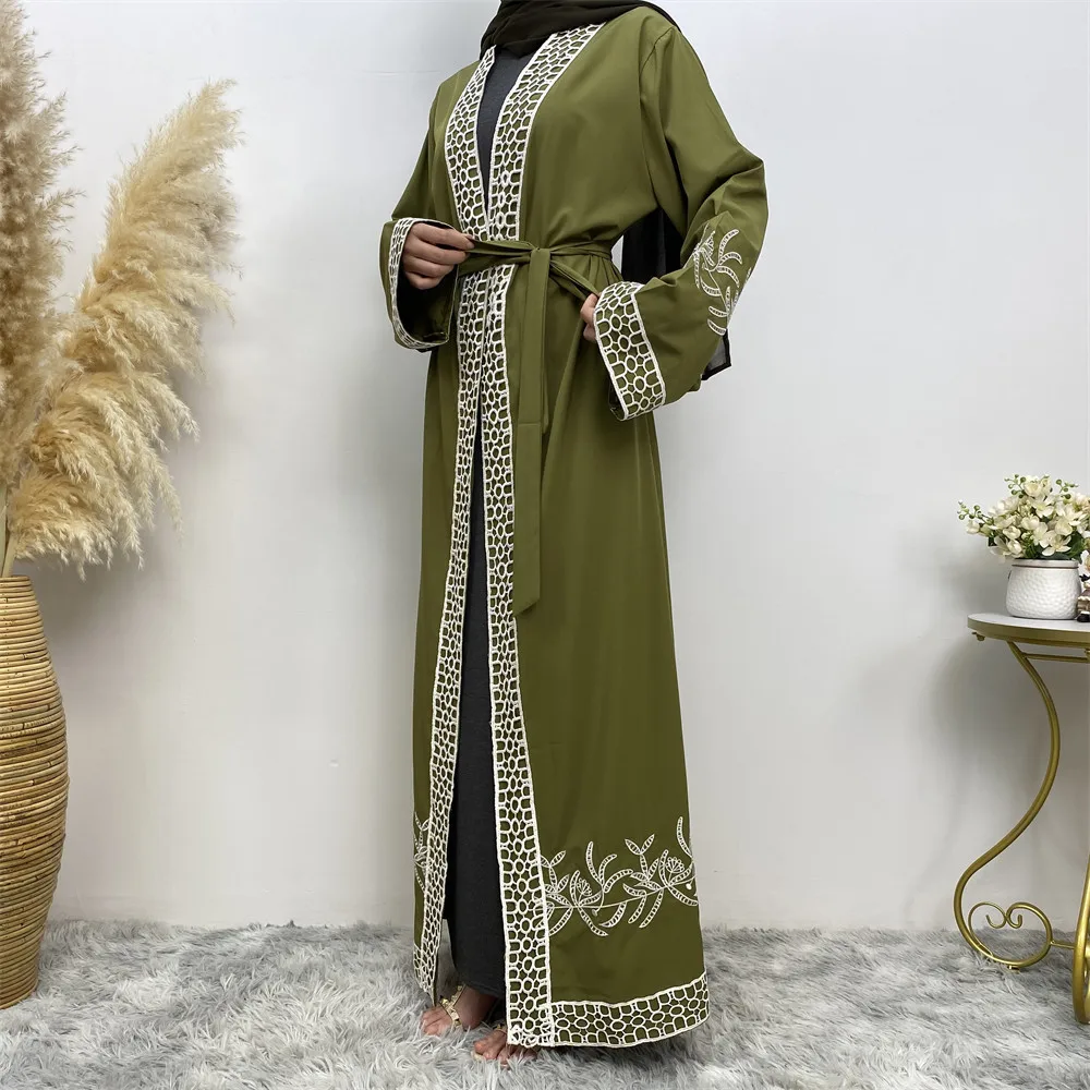 Muslim Robe Prayer Dress Lace Embroidered Cardigan Wholesale Islamic Jibabra Jastani Mock Skirt Dubai solid color Long Cardigan