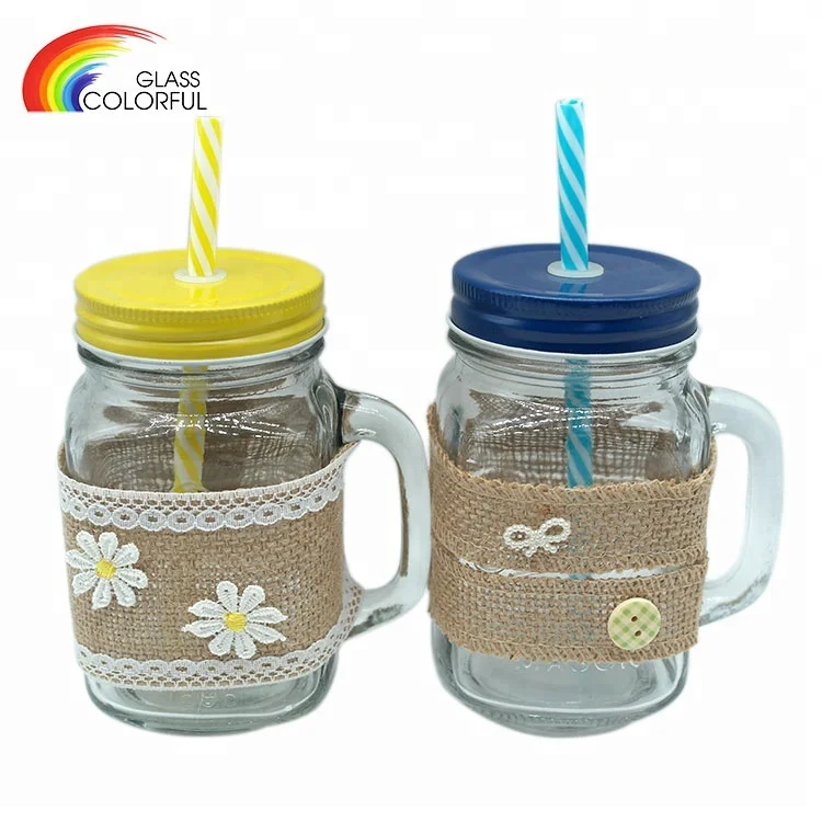 450ml  jar with handle wide mouth glass mason jar with straw