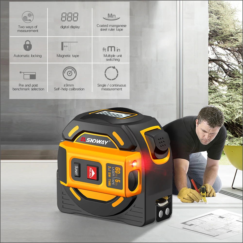 SNDWAY Новый Лазерный Дальномер лента дальномер Многофункциональный самоблокирующийся ручной инструмент устройства SW-TM60