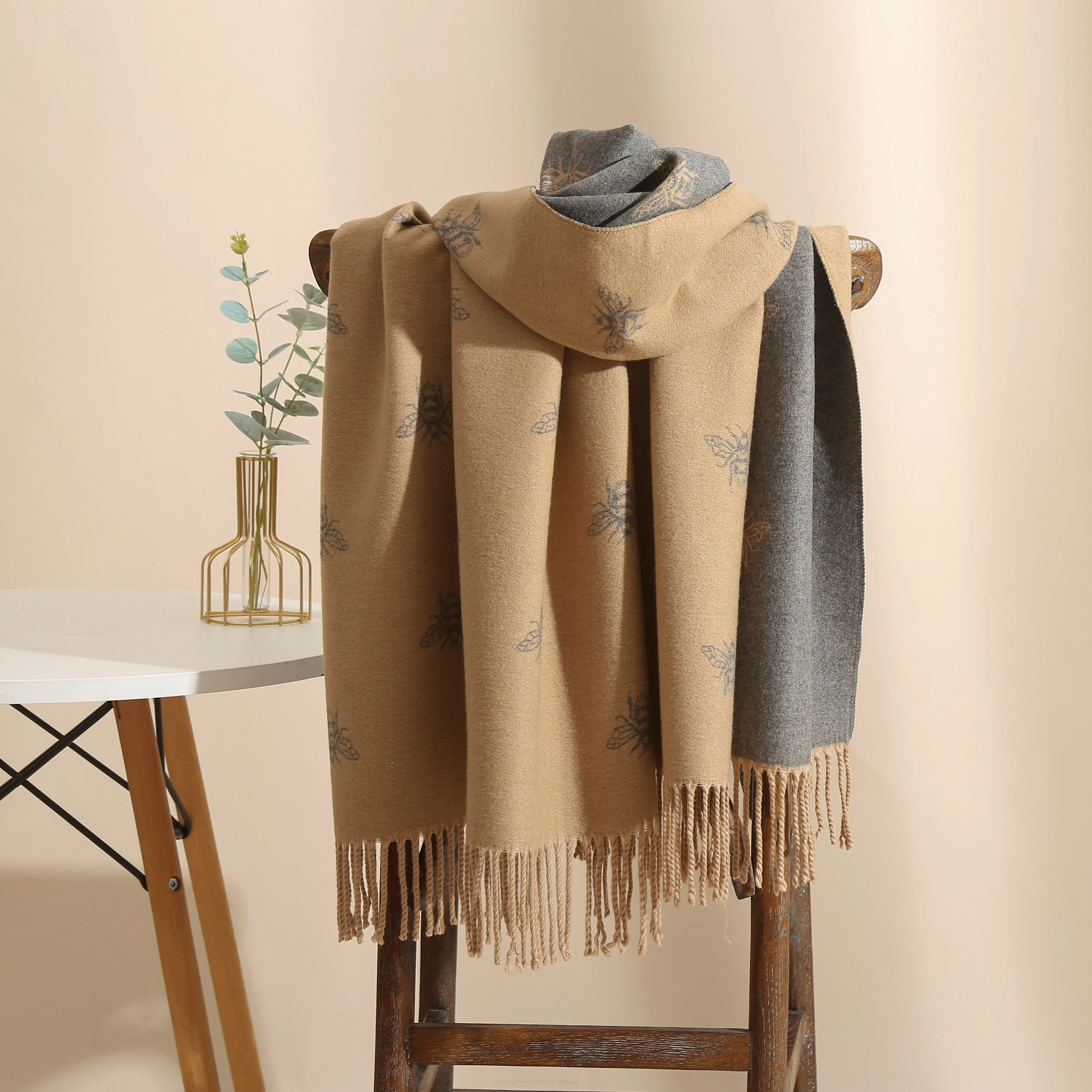 Manufacturer new oversize winter scarves shawls women fancy flower pattern warm thick pashmina scarf double side cashmere shawls