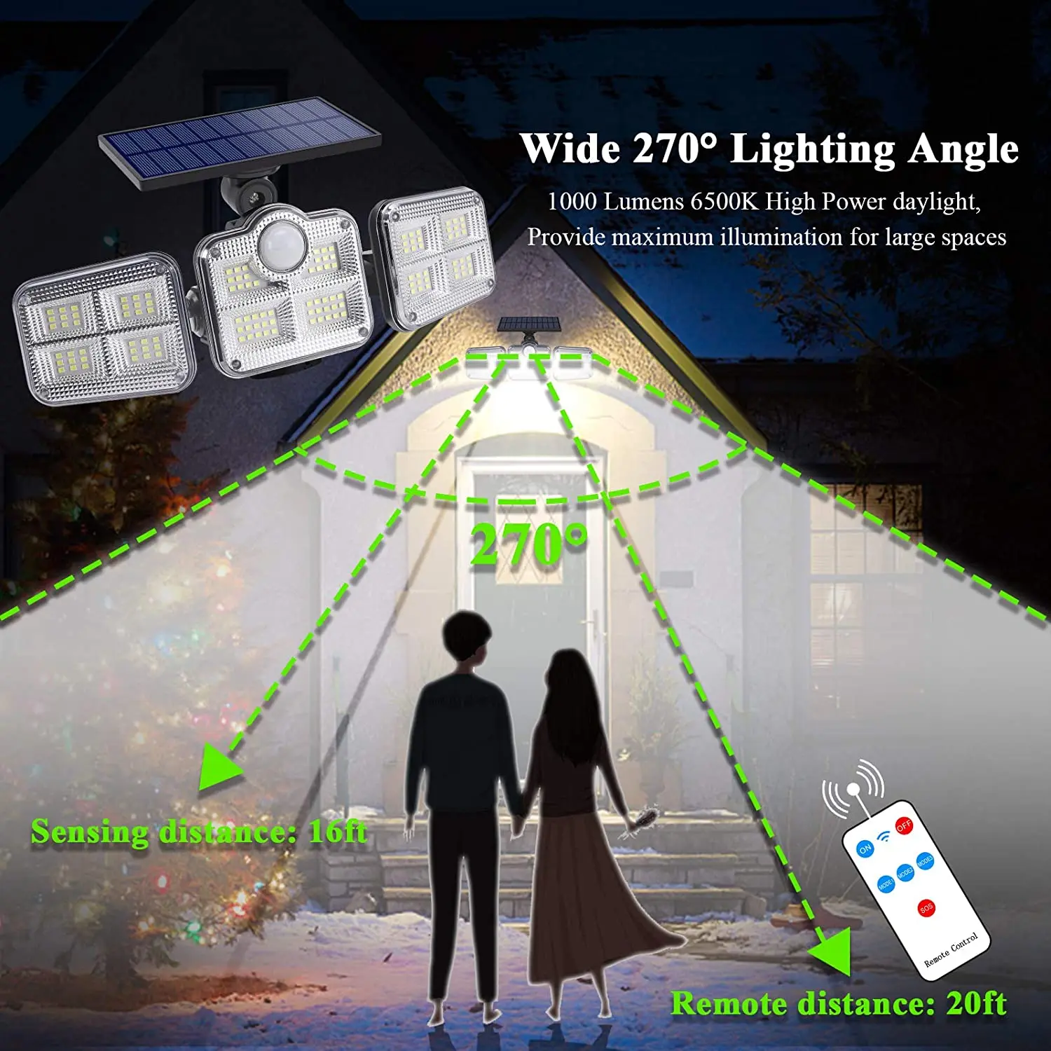 1000LM Wireless LED 3 Adjustable Heads 270 Wide Angle Solar Motion Sensor Lights Outdoor For Patio Yard Garage