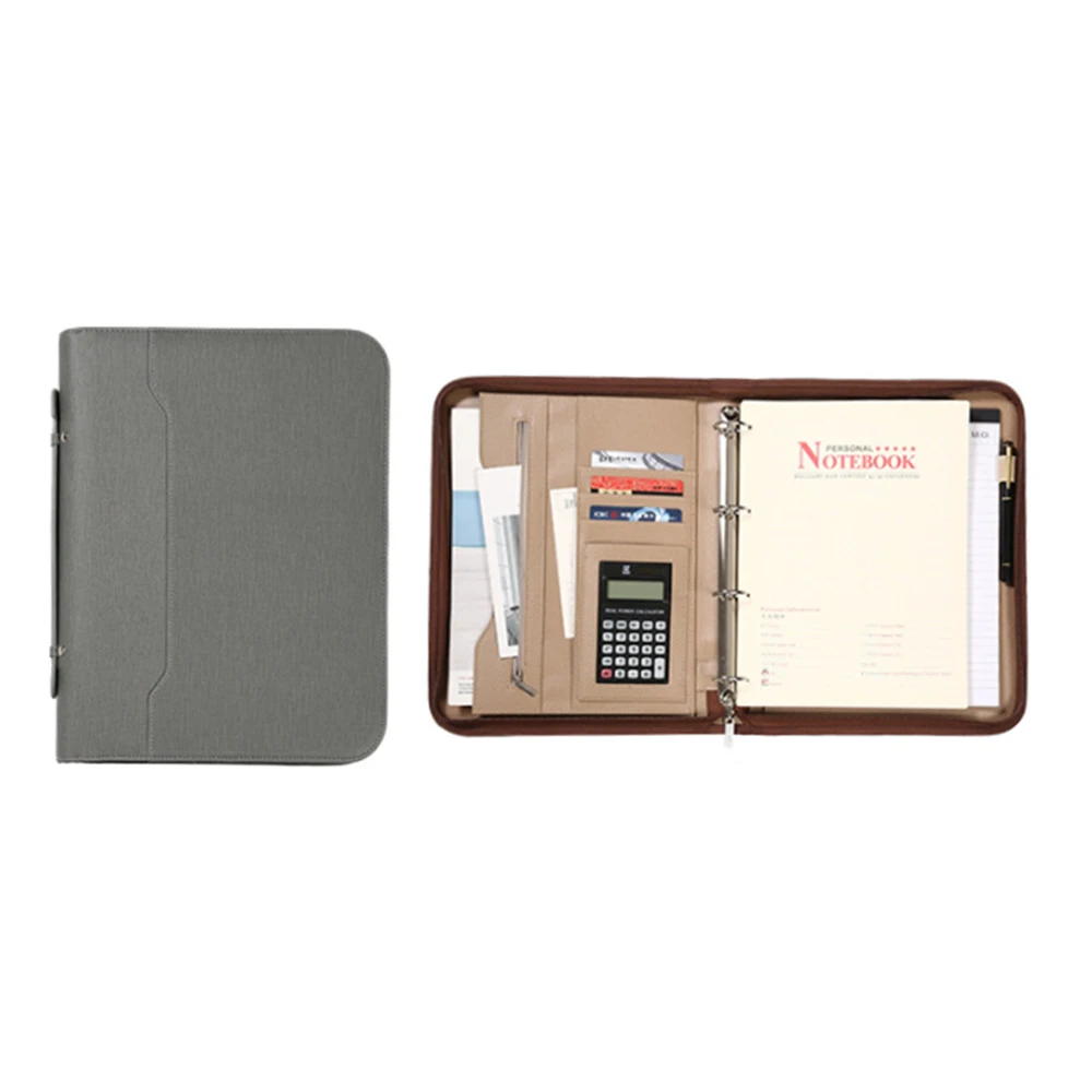 Customized A4 PU leather loose leaf Organizer zipper portfolio 4 Ring Binder file folder LOGO embossed document portfolio