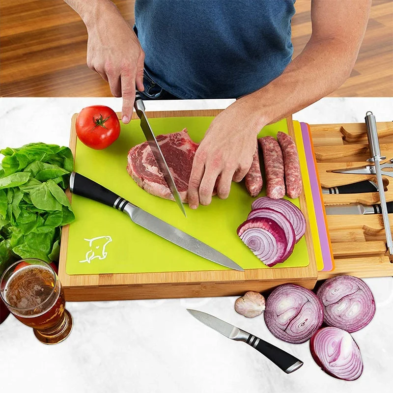 Seville Classics Easy-to-Clean Bamboo Cutting Board and 6 Color-Coded Flexible Cutting Mats with 7 Knife Set