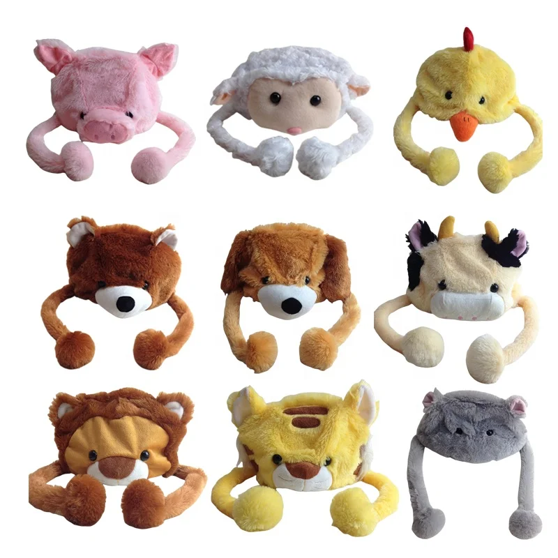 OEM/ODM Cute Stuffed Animal Head Hats Stuffed Animal Pig Lion Bear Tiger Plush Hats Kids Winter