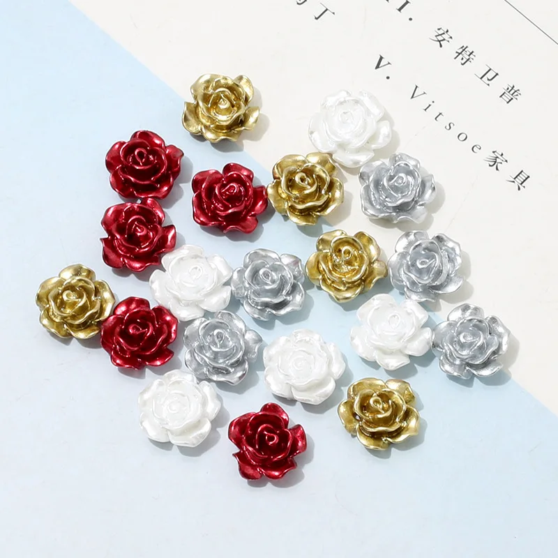 Shiny Pearlized Flower Beads 12mm Flat Back Acrylic Rose Flower Cabochons DIY Jewelry for decorate shoes and clothes
