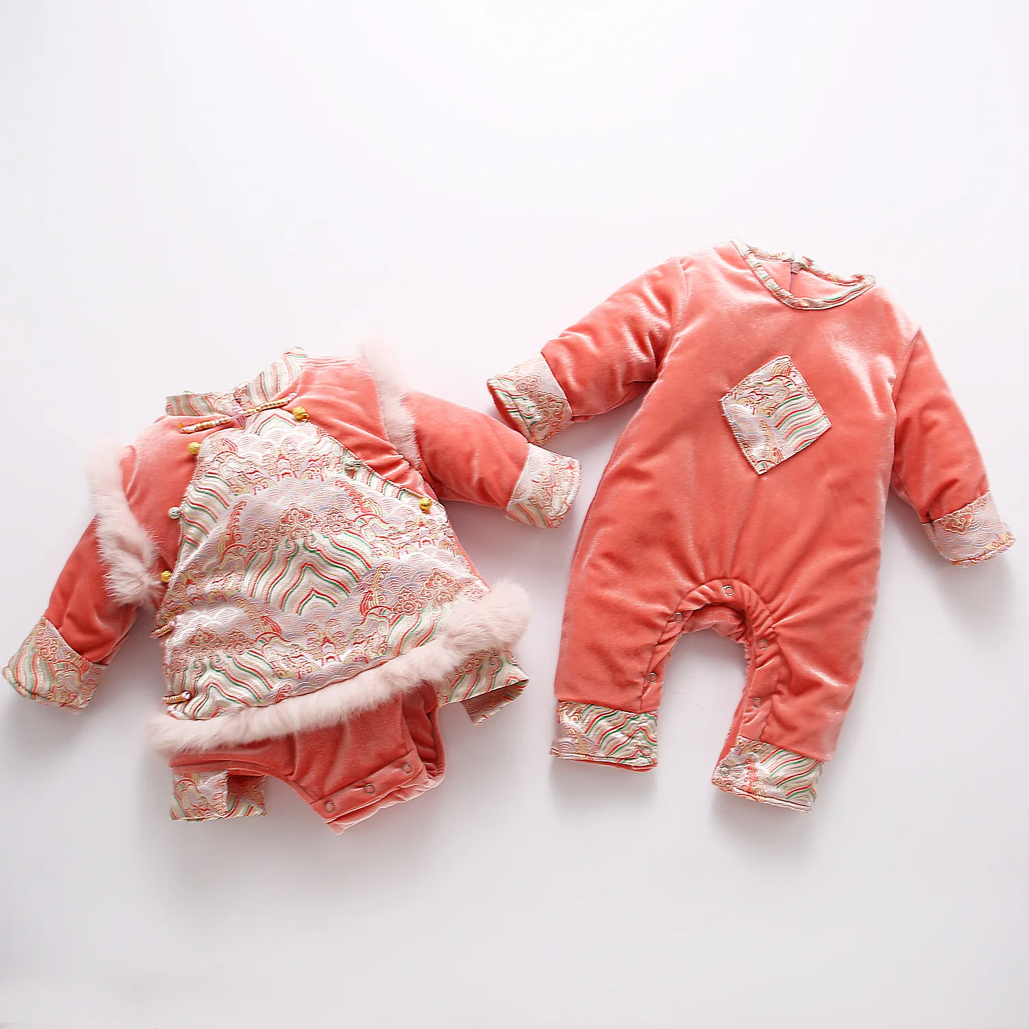 Бархатный хлопковый теплый комбинезон в китайском стиле, жилет из кроличьей шерсти, детское Новогоднее платье, розовый костюм