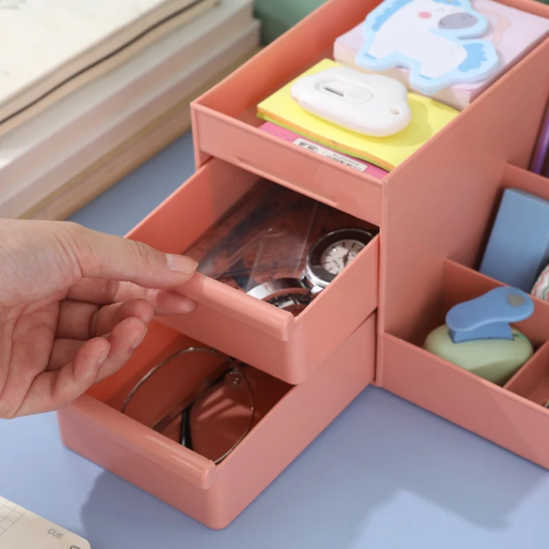 Desk Top Organizer Multipurpose Plastic Storage Box with 2 Drawes for Makeup Cosmetics Sundries Stationeries Office Supplies