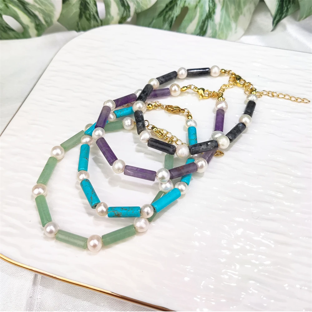 Women Fashion Jewelry Natural Crystal Amethyst Obsidian Turquoise Gemstone Beaded Bracelet Freshwater Pearl Bracelet For Gifts