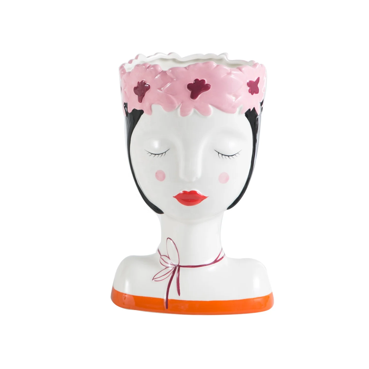 Modern Hand Painting Ceramic Flower Girl Women Face Figurine Pink Vase For Home Decor