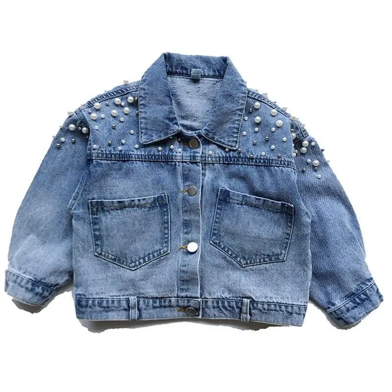 Wholesale Girls Lapel Denim Jacket Spring Autumn Pearl Decorative Children Denim Top Coat Jacket Kids Denim Jacket