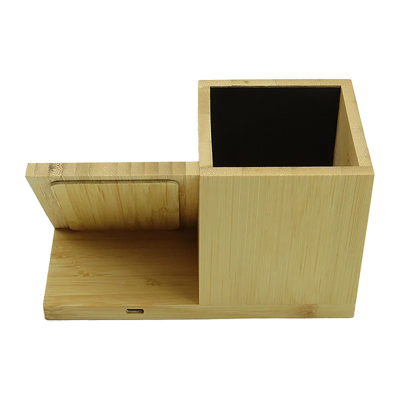 High Quality Bamboo Wireless Charger Of Pen container with Customized LED Light-up Logo Size 16*9*8cm Wireless Charging Penrack