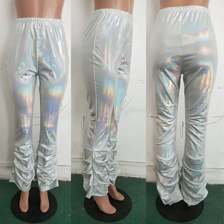 
09AF335 stylish basic silver coated wrinkled sparkle high fashion ladies Sport Woman Sexy Women Pants 