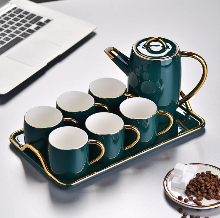 European Household Modern Design Glazed Green Ceramic 6pcs Cups and Teapot Set with Tray