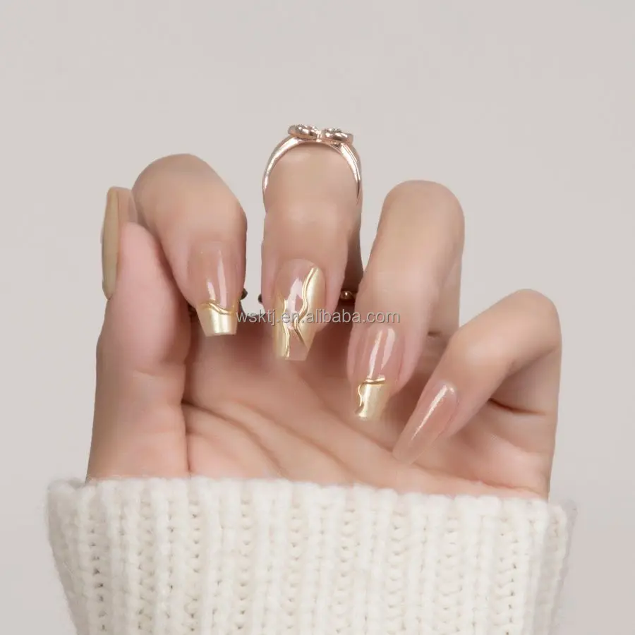 Nail Supplier Wholesale Price Salon Quality Full Cover 3D Gold Nude Nature Look Press on Nails Faux Ongles