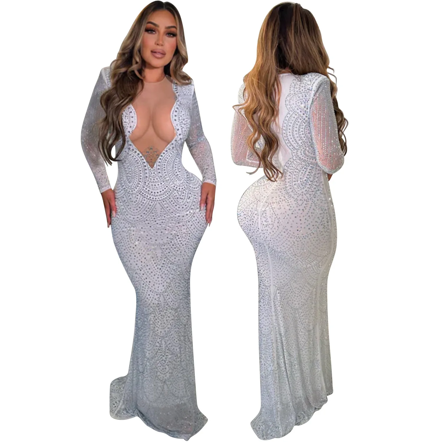 C240207 Elegant Long Sleeve Prom Dress White Rhinestone Train Evening Party Dresses Women