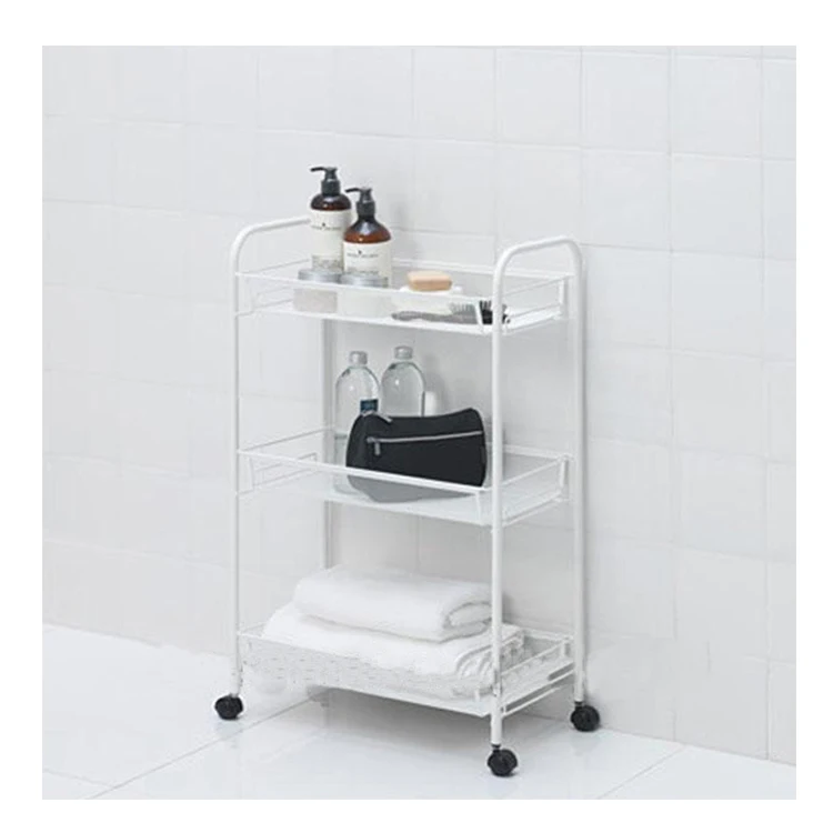 Promotion white kitchen bathroom home use mesh bucket 3 tier metal storage trolley cart