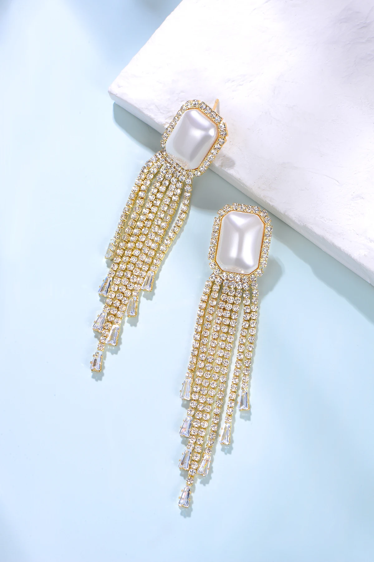 Gemstone Jewelry 18k Gold Plated Crystal Earrings for Women Brass with S925 Post Fashion Square Pearl  Diamond Earrings