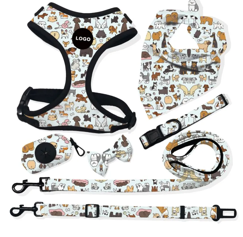 Hot Seller High Quality Custom adjustable collar bow leash harness and bandana sets