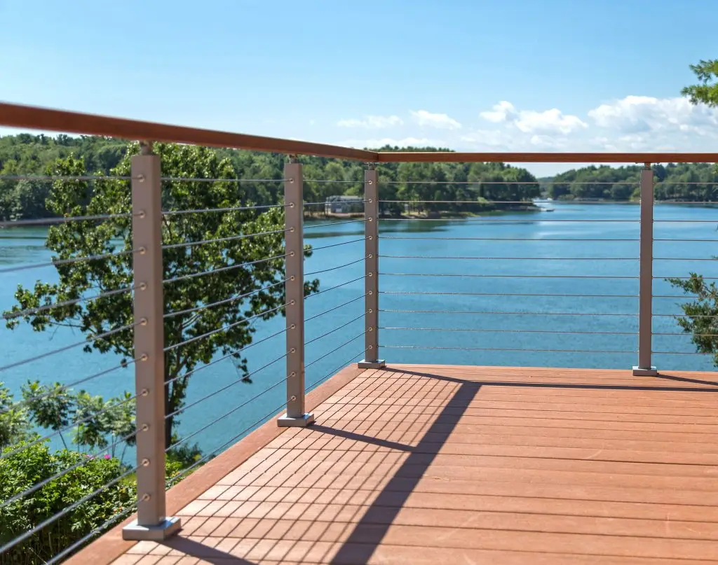 American style exterior patio aluminum post wood handrail with stainless steel cable railings from Foshan manufacturer