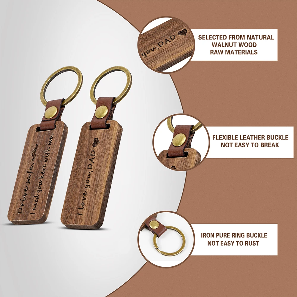 Wooden Leather Key Tag Keychain Laser Logo Key Ring Pedant Car Holder For Promotional Gift Keyrings