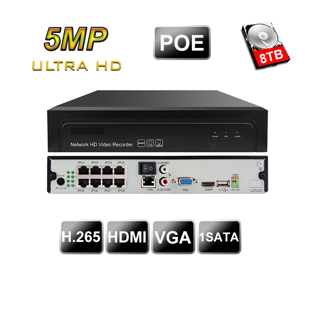  H.265 P2P 5MP onvif 8ch 1HDD POE NVR в режиме реального времени с интеллектуальным