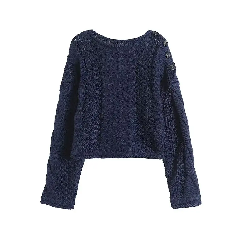 TAOP&ZA 2024 spring shoulder button decoration hollow crochet loose short navy blue sweater top for women 05730665401