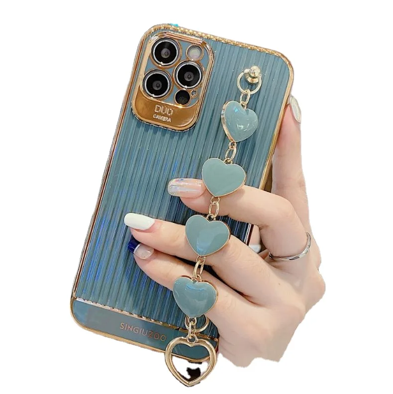 Luxury Electroplated Suitcase Love Heart Wrist Bracelet Lanyard Phone Case soft cover For iPhone 11 11Pro X XR XS Max 7 8 Plus