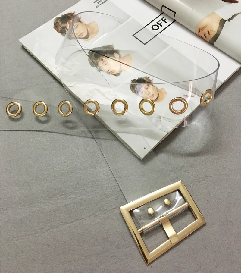 Fashion Women Transparent Wide Waist Female Designer Trapezoid Gold Metal Buckle Dress Laser Clear PVC Belt