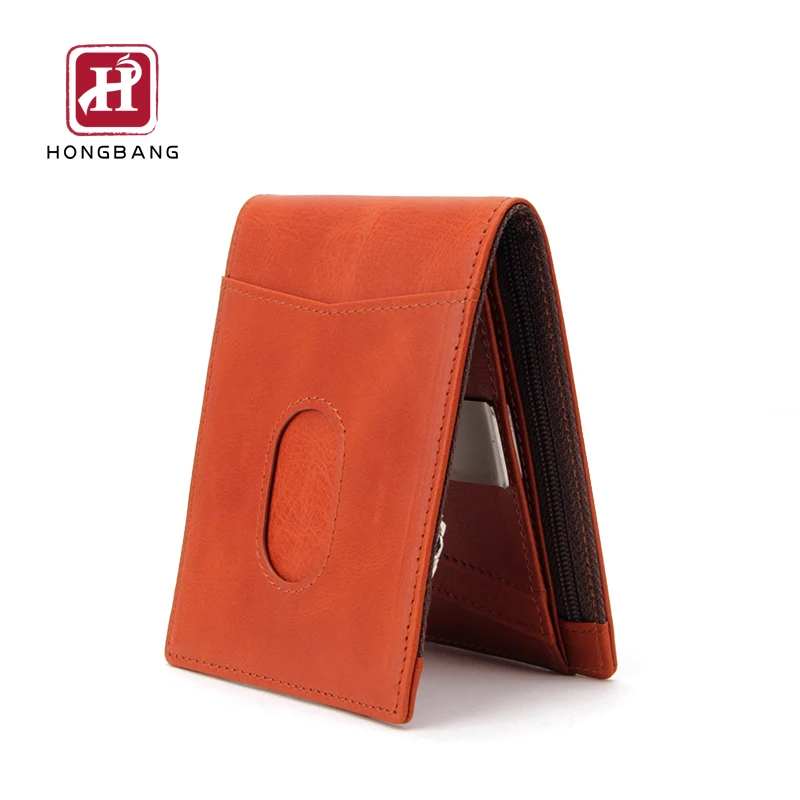 Wallet with money clip OEM customize zipper cash compartment leather wallet