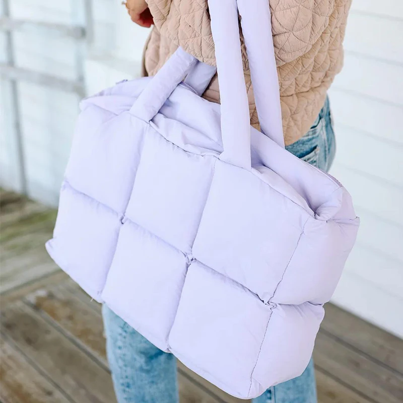 Puffer Tote Bag Lightweight Satchel Purse Large Travel Gym Shop Quilted Puffy Handbag for Women