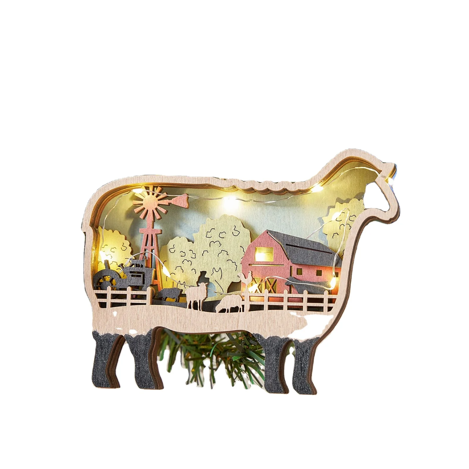 Wood Forest Ceramic Animals Wooden Sheep Decor Howling Desk Crafts Hollowed Multilayers Sculpture Rustic Home Decor Ornament