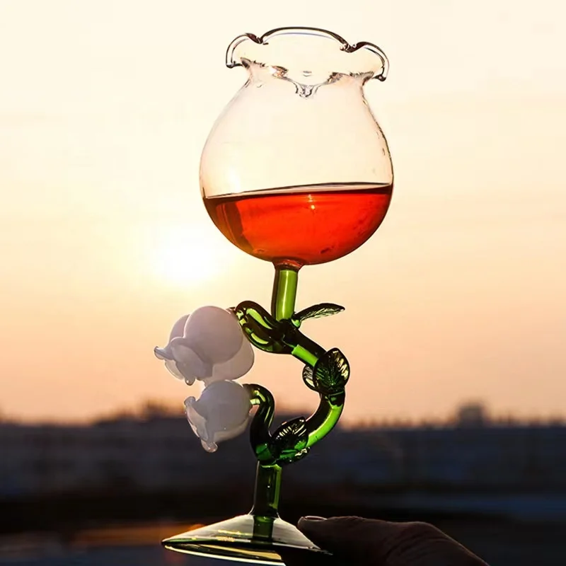 Drinkware Tableware wholesale customized coloured red wine glasses flower shape irregular stem goblet wine glass for party