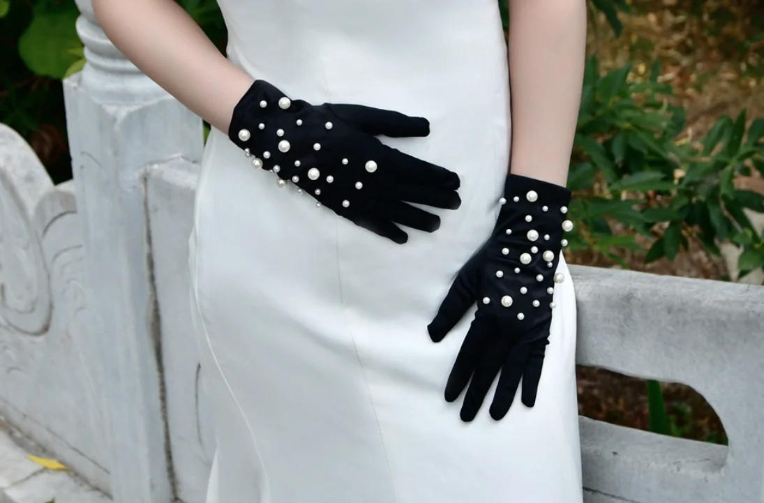 Black satin gloves girl pearl gloves bride wedding accessories