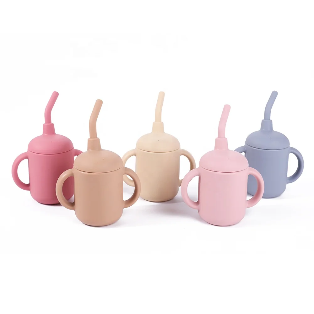 Детские Силиконовые чашки для питья воды с двумя ручками, Детская силиконовая соломинка, чашка с крышкой и унцией для малышей