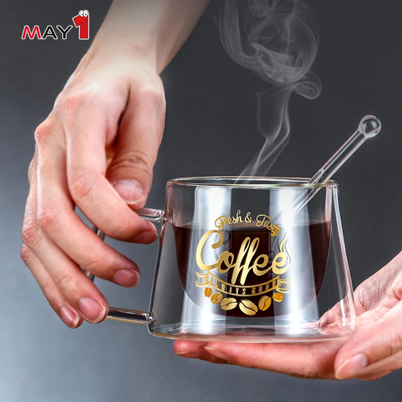 
decal work handmade borosilicate glass double wall espresso coffee cup 